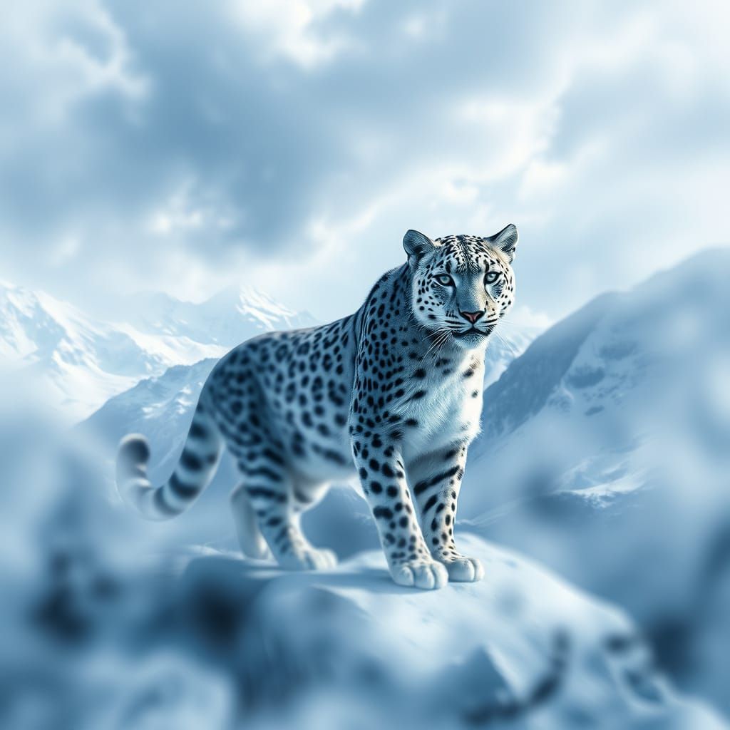 Snow Leopard and Alpine Mountain Range in Surreal Style
