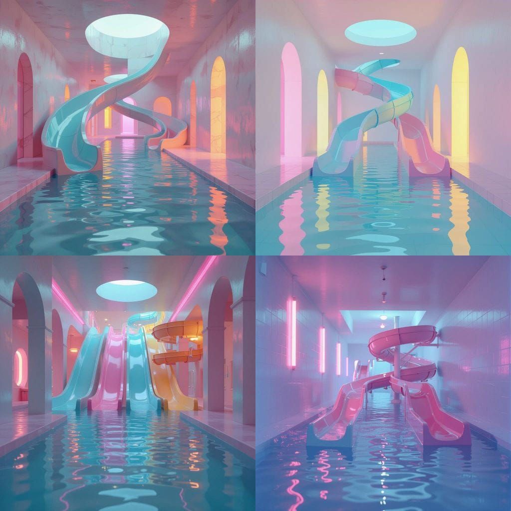 Pastel Water Slides in Liminal Backrooms Space