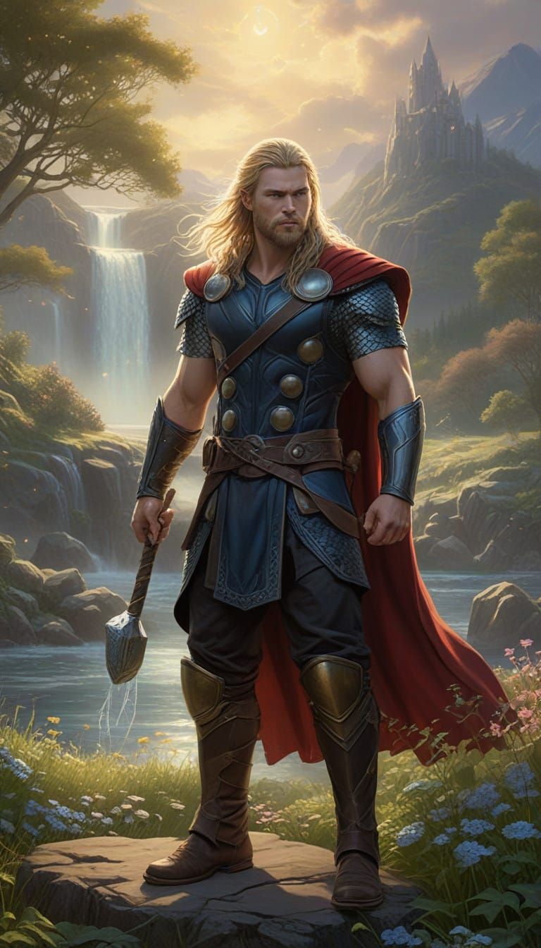 Thor Stands Majestically in Vibrant Asgard