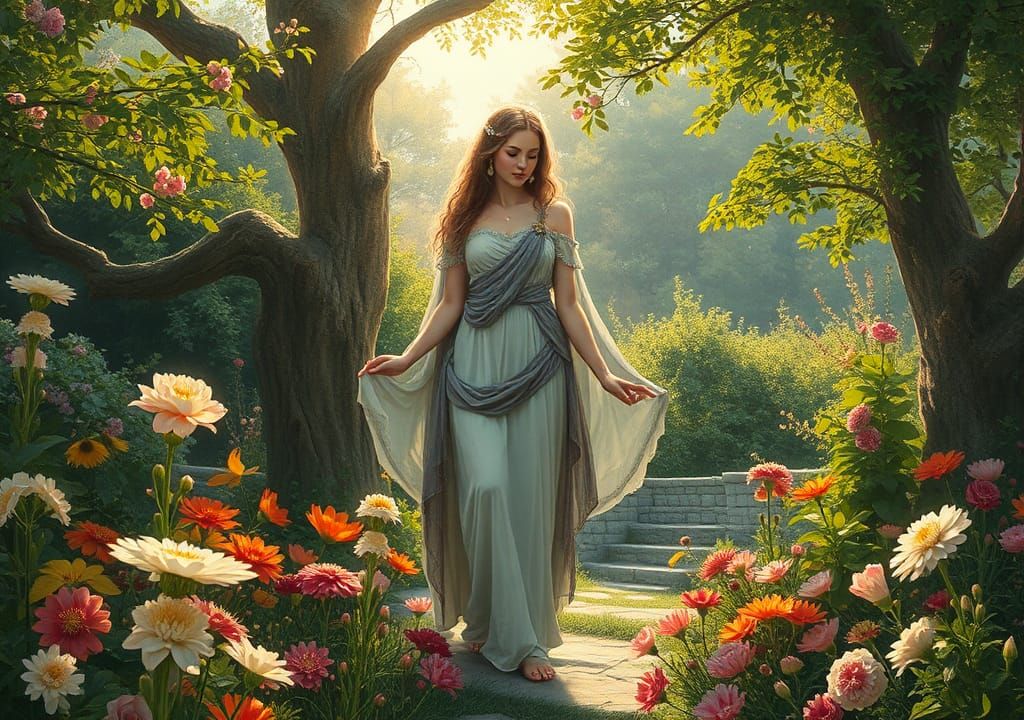 Persephone in a Lush Garden, Pre-Raphaelite Style