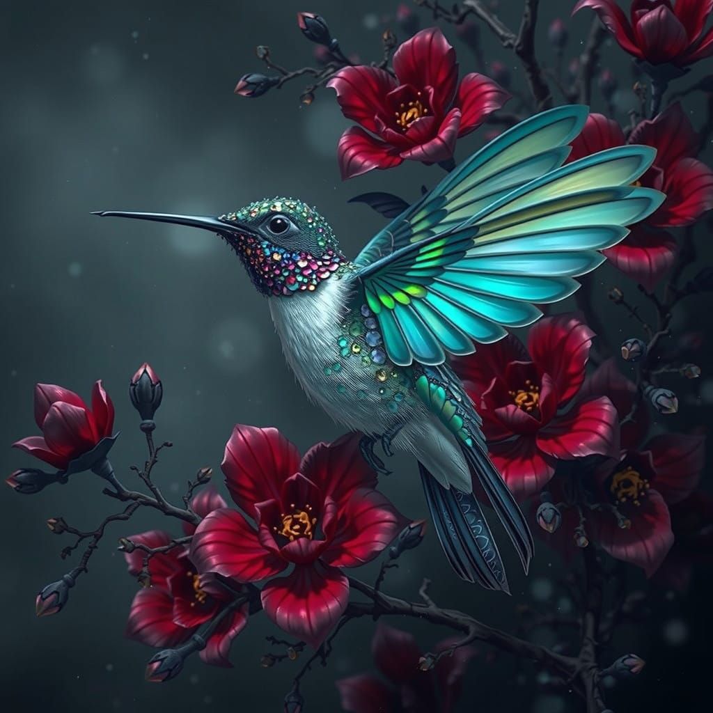 Vibrant Black Hummingbird in Whimsical Floral Wonderland