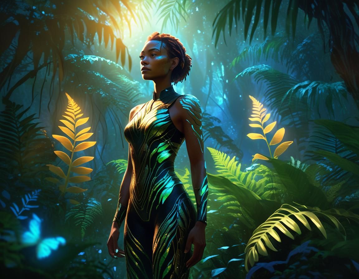 Bioluminescent Liora in Lush Jungle: Digital Concept Art