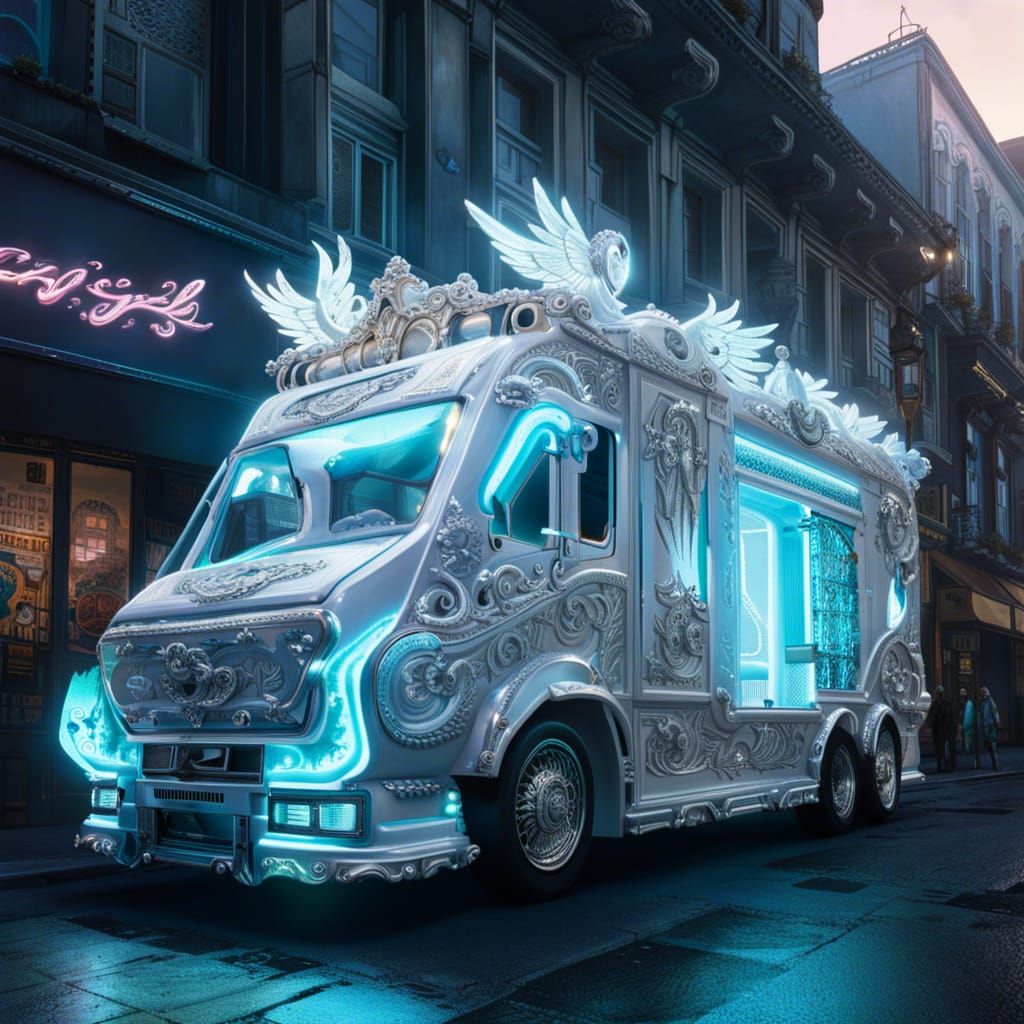 Rococo Angel Truck in Cyberpunk Fantasy Street