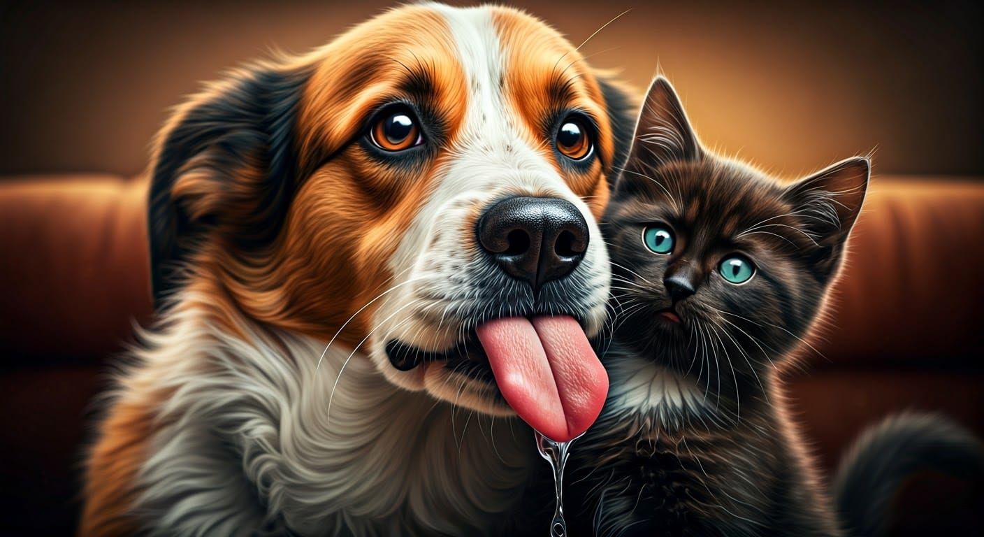Joyful Canine and Feline Encounter in Moody Lighting