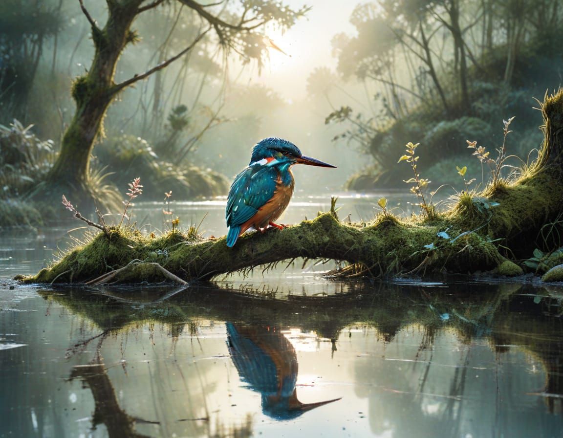 Kingfisher Perched Above Stream in Pastel Watercolour