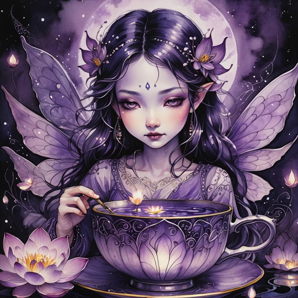 Purple Lotus Fairy in Teacup, Ink Wash Painting