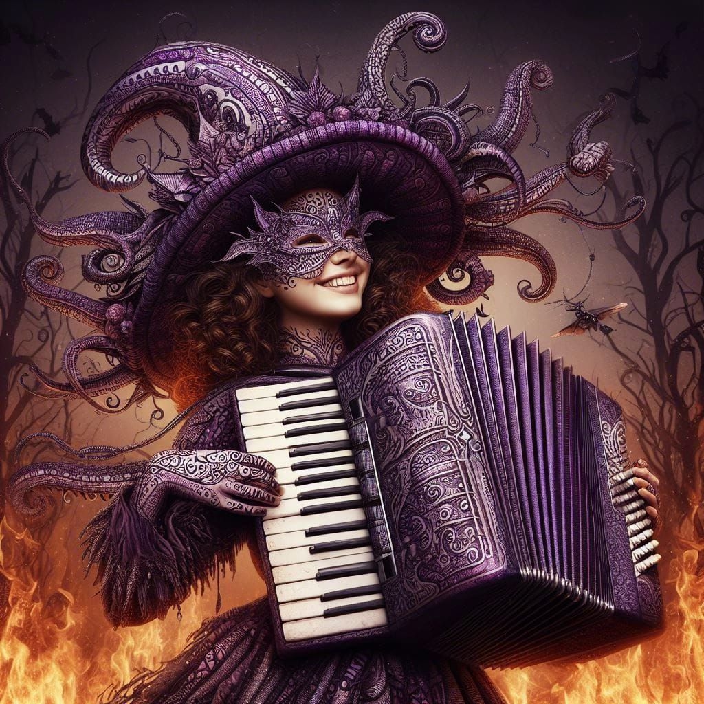 Musical Henna Witch Playing Accordion in Autumnal Scene