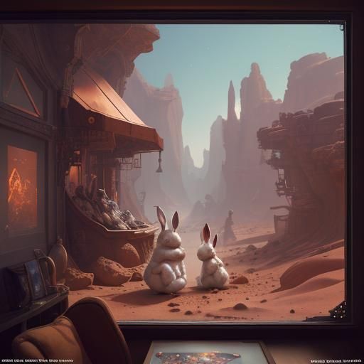 Rabbits in the window of a toy shop on Mars