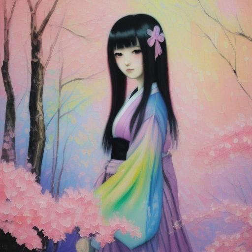 Pastel Goth Japanese Woman in Expressionist Oil Painting