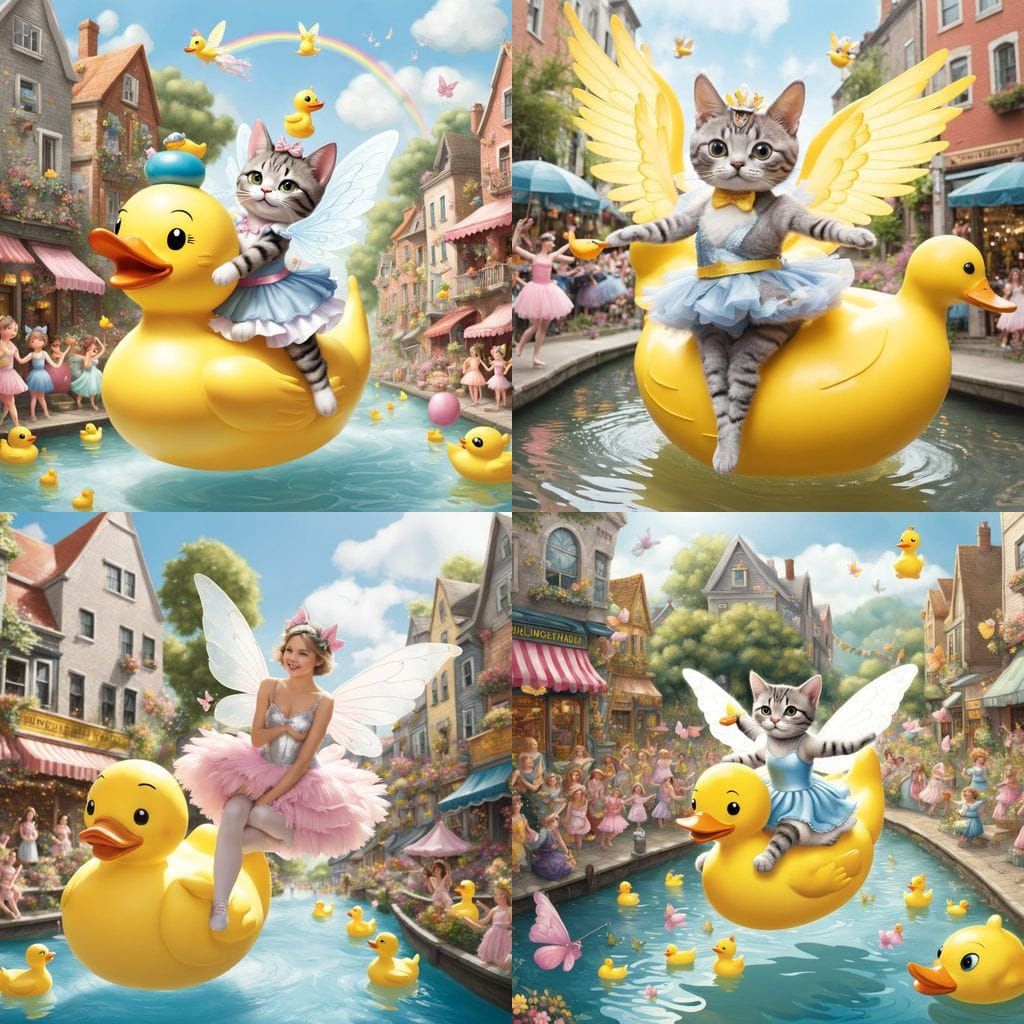 Whimsical Gray Cat Fairy Floats on Giant Rubber Duck Balleri...