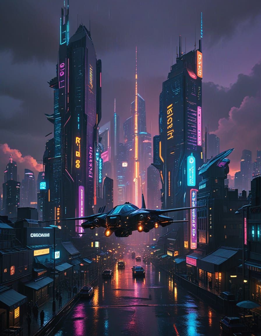 Cyberpunk Metropolis at Night: Neon Skyscrapers and Flying C...