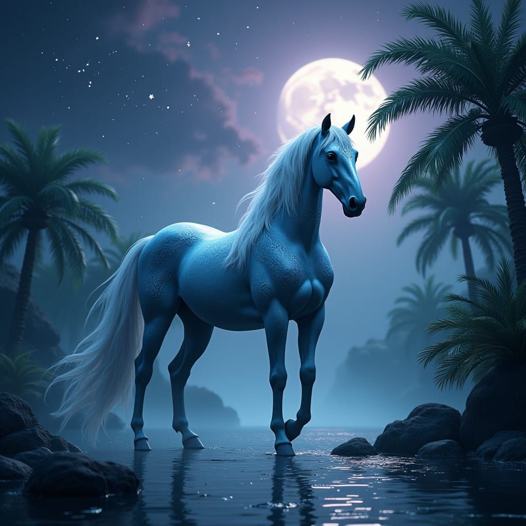 Majestic Arabian Horse in Whimsical, Moonlit Oasis