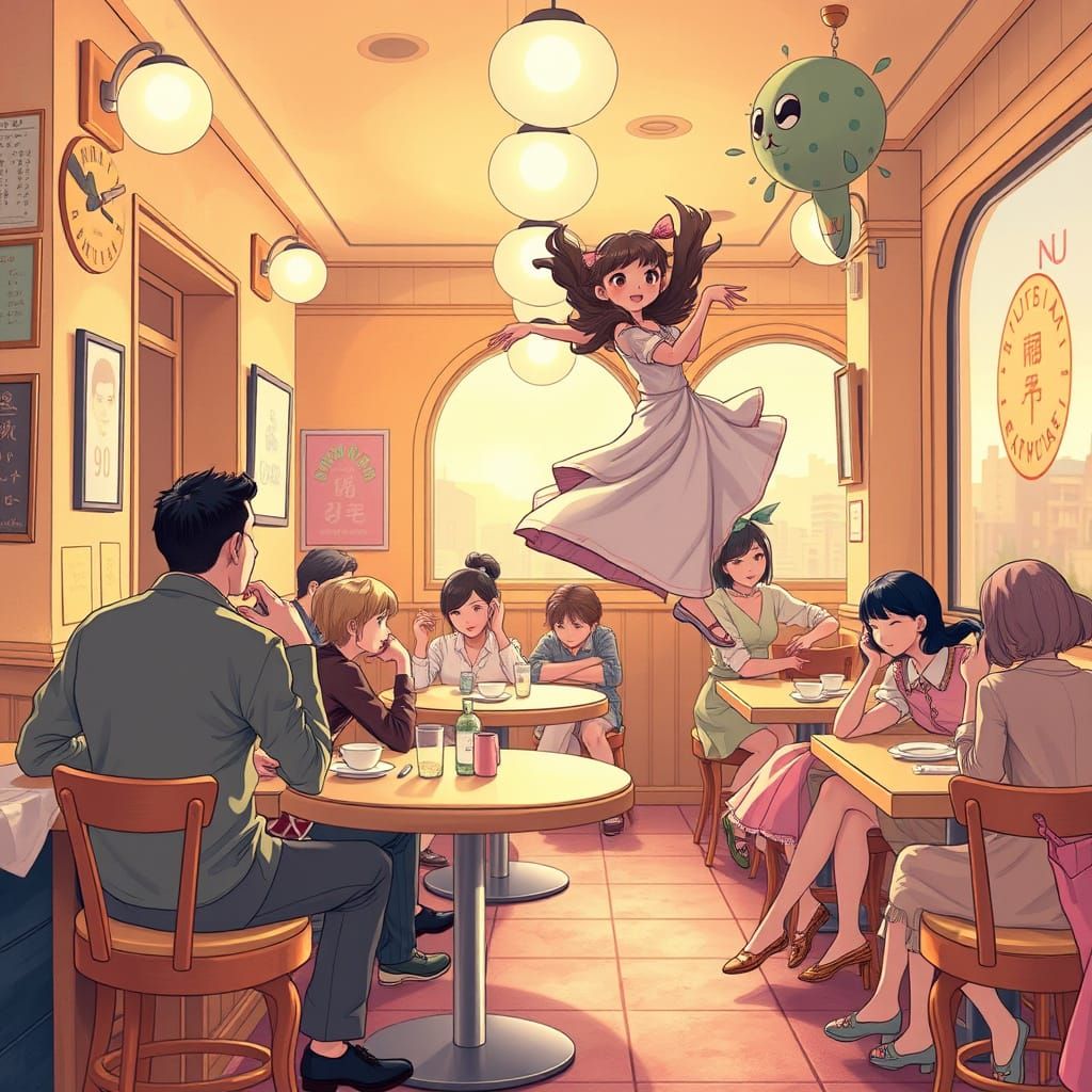 Dancing Patrons in a Kawaii Cafe Scene
