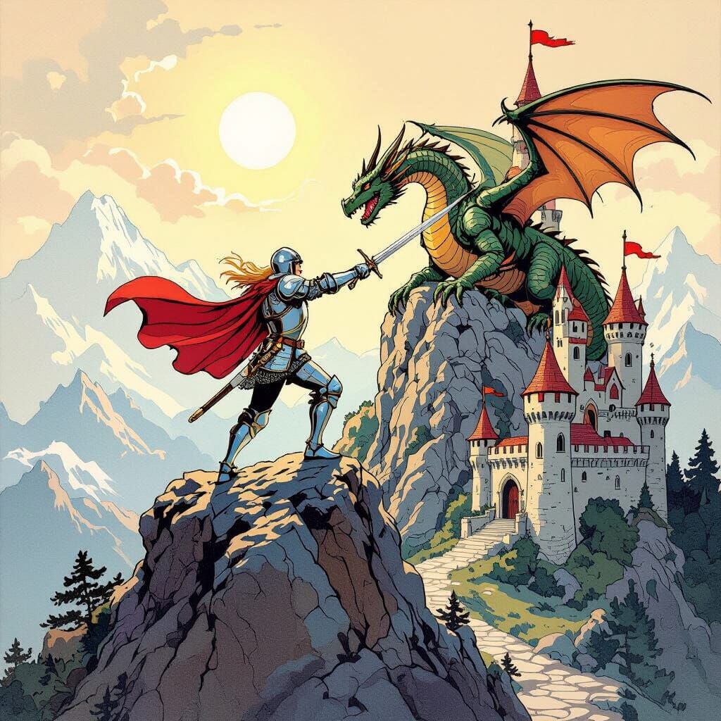 Knight Rescues Princess From Dragon in Classic Fairy Tale Ar...