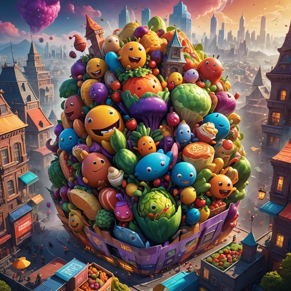 Fantasy Food Art: Characters Emerge in Cityscape
