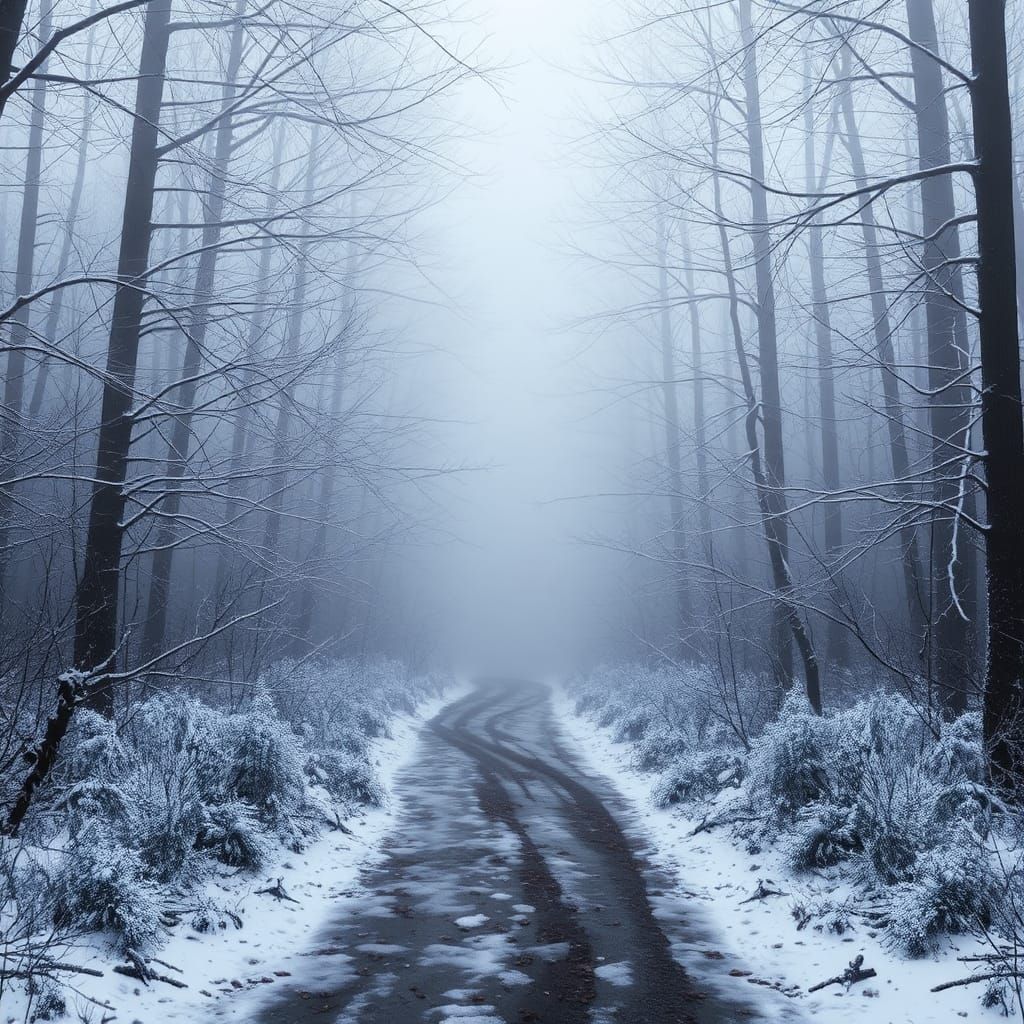 Icy Forest Path in Misty Winter Air