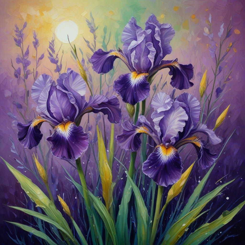 Surreal Oil Painting of Purple Irises with Fireflies