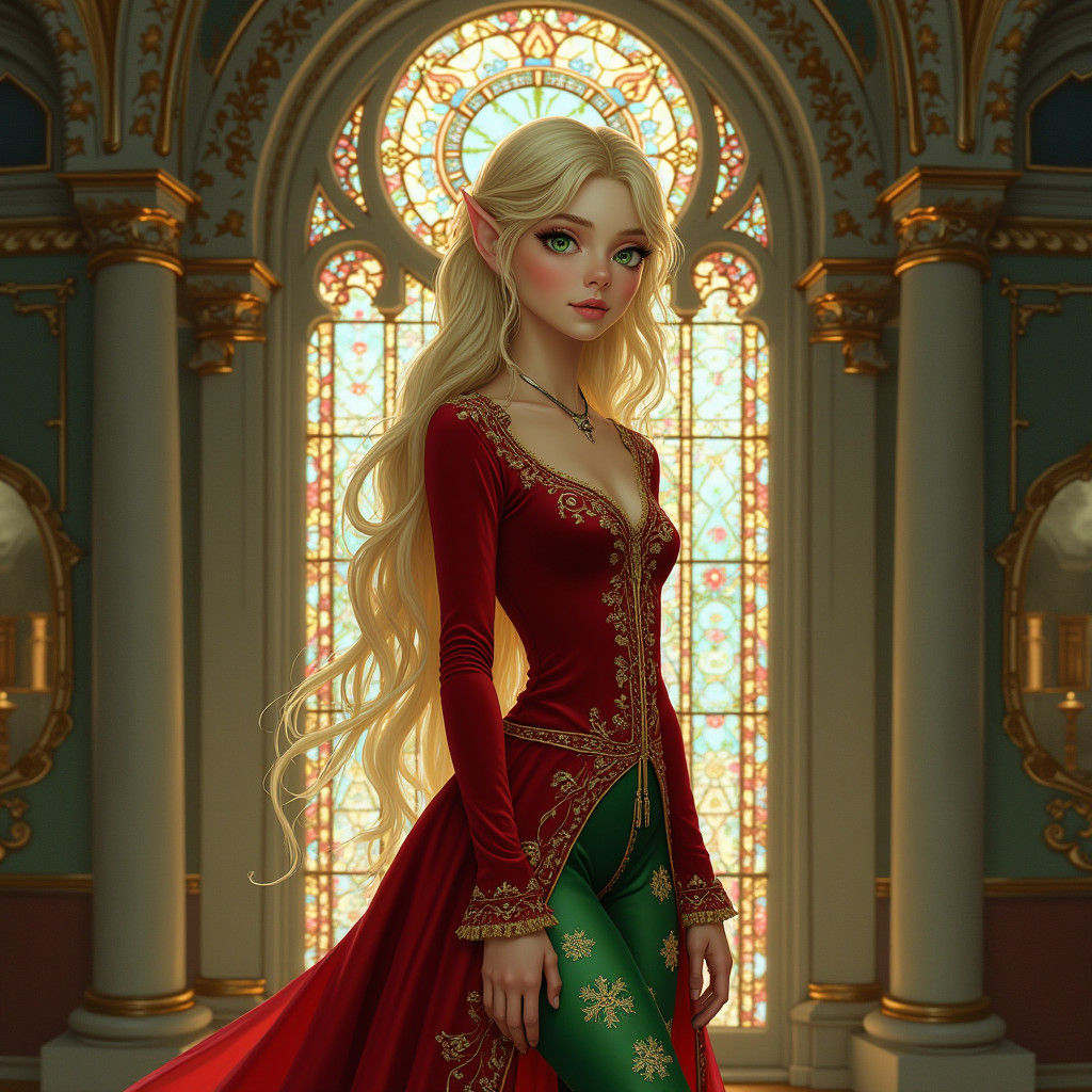 Festive Elf in Ornate Room, Illustration