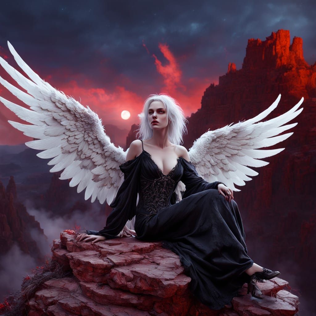 Tormented Fallen Angel in Dark Fantasy Landscape