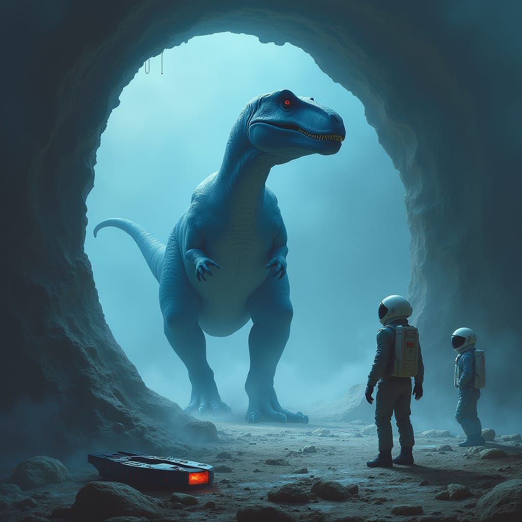 Astronauts Watch a Blue Dinosaur Walk Through a Portal