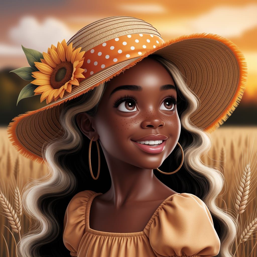 Cute African American Girl in Cartoon Style with Sunflower H...