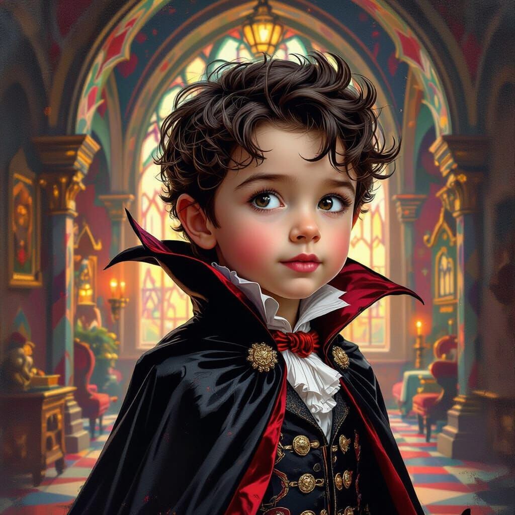 Whimsical Dracula Boy: Realistic Oil Painting