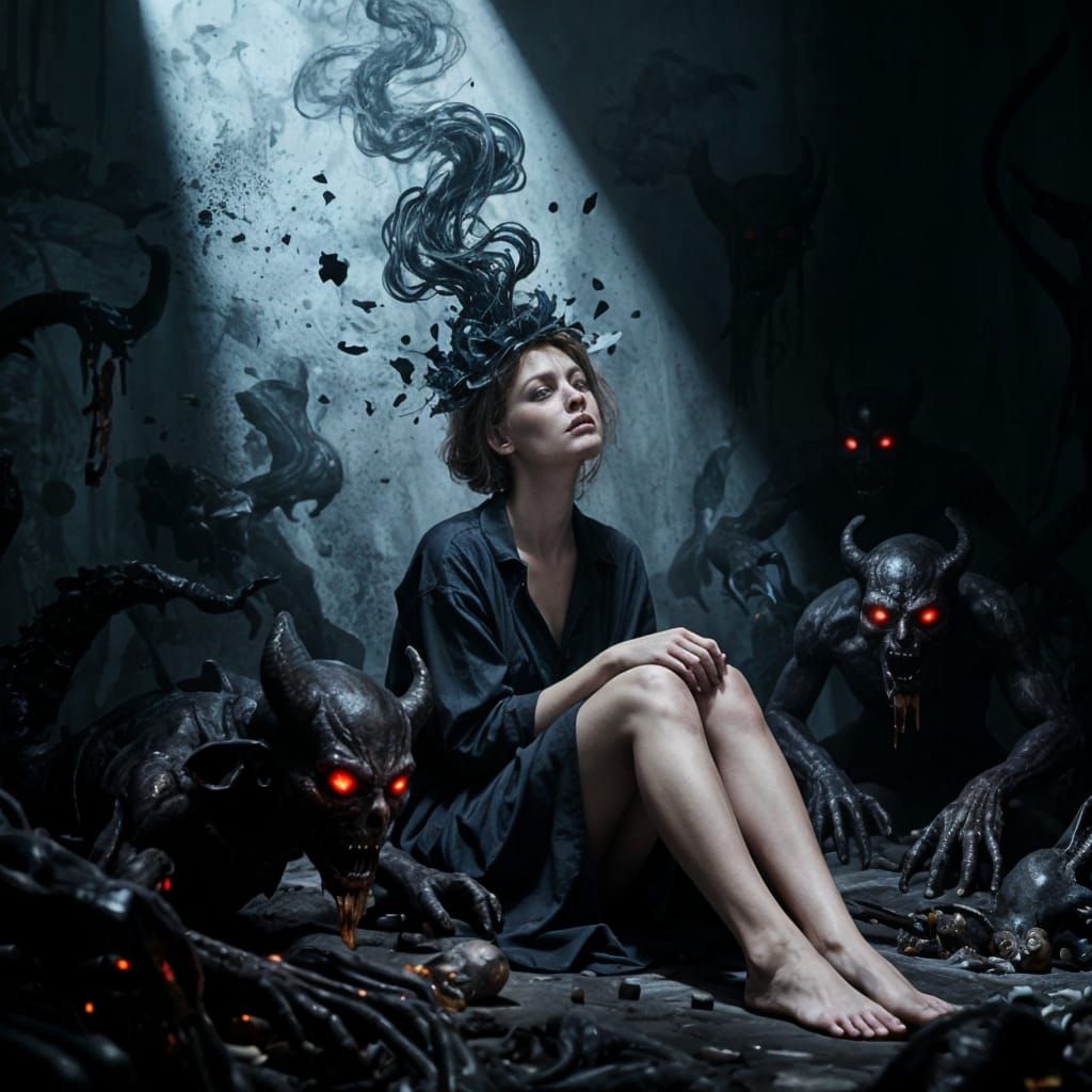 Surreal Dark Art: Woman's Mind Explodes with Demons
