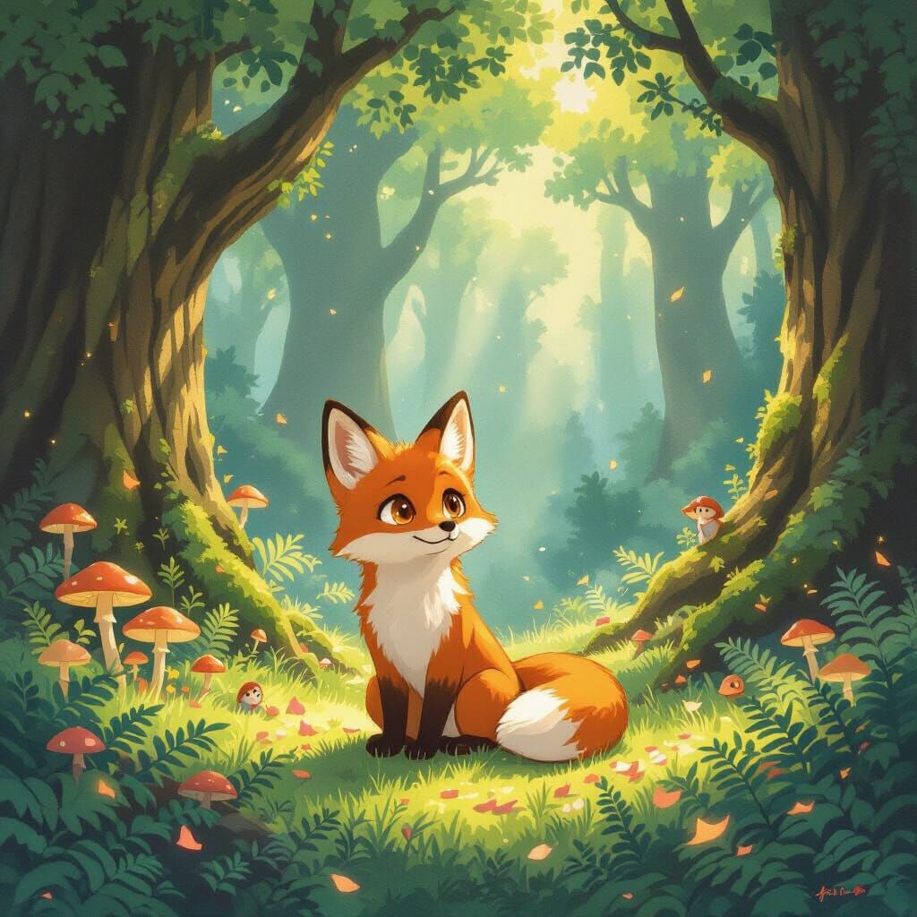 Adorable Fox in Sunlit Forest Clearing, Ghibli Style