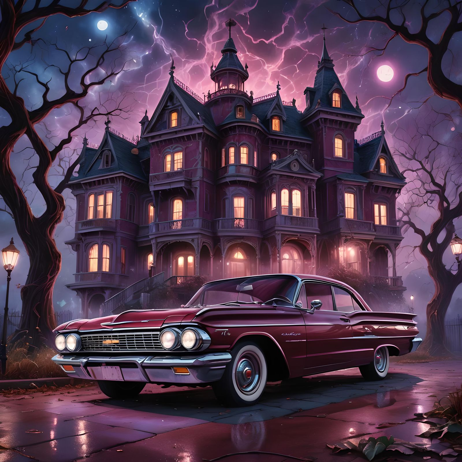 1960 Chevy Impala burgundy parked in front of a haunted mans...