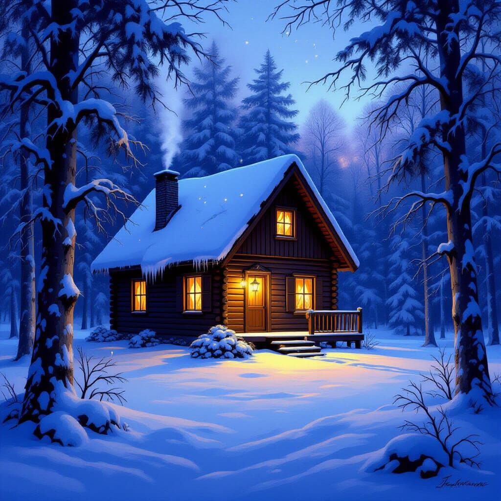 Cozy Cabin in Snowy Forest with Warm Light
