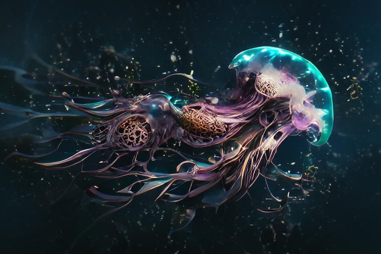 Ornate Jellyfish Submarine in Deep Sea Landscape