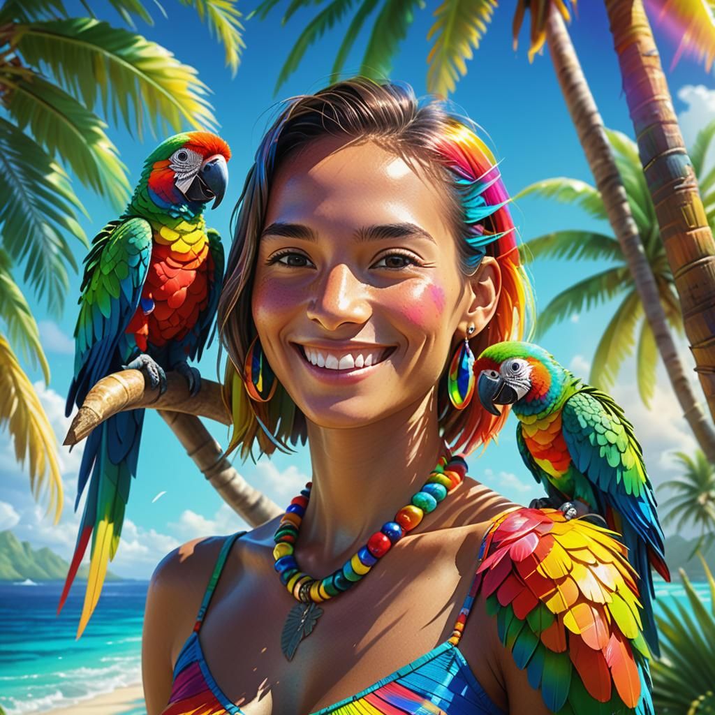 Tropical Parrot Portrait with Rainbow, Fantasy Illustration