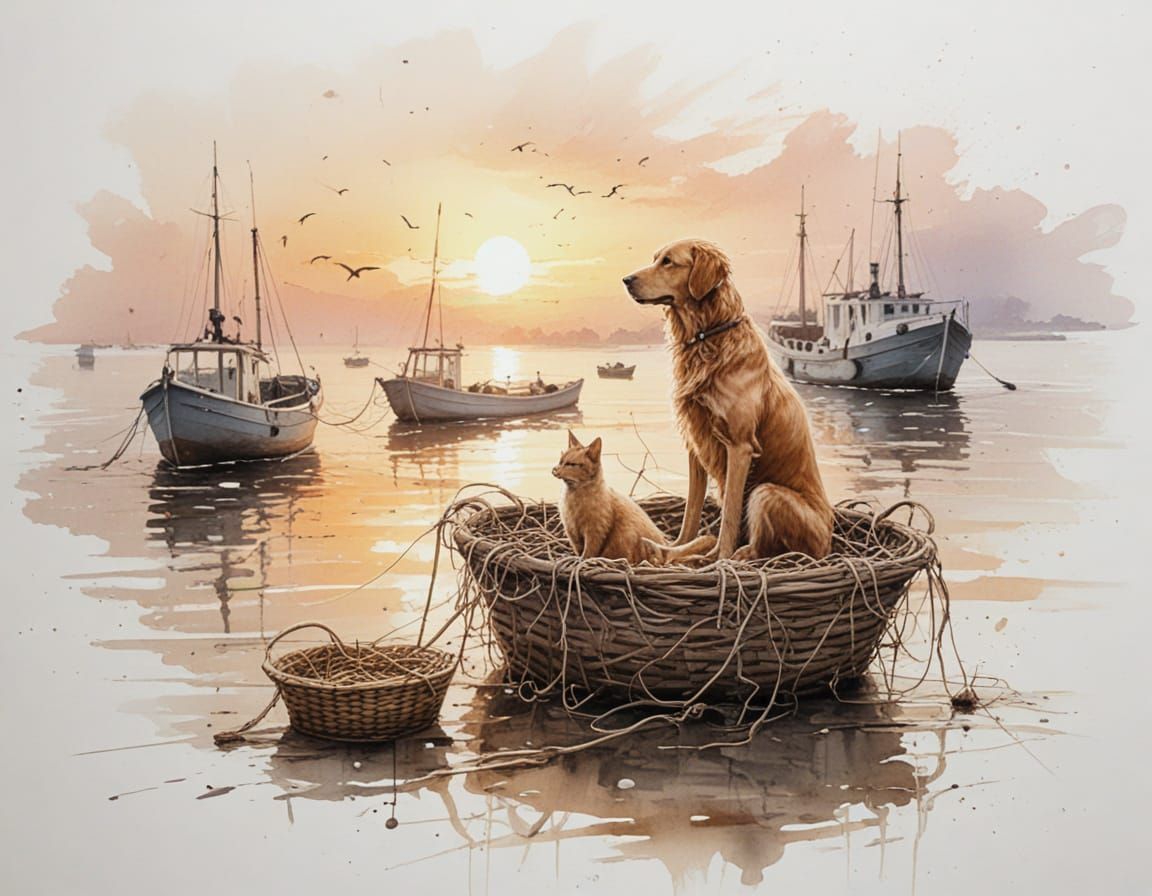 Child and Dog at Sunrise Harbor, Painterly Realism