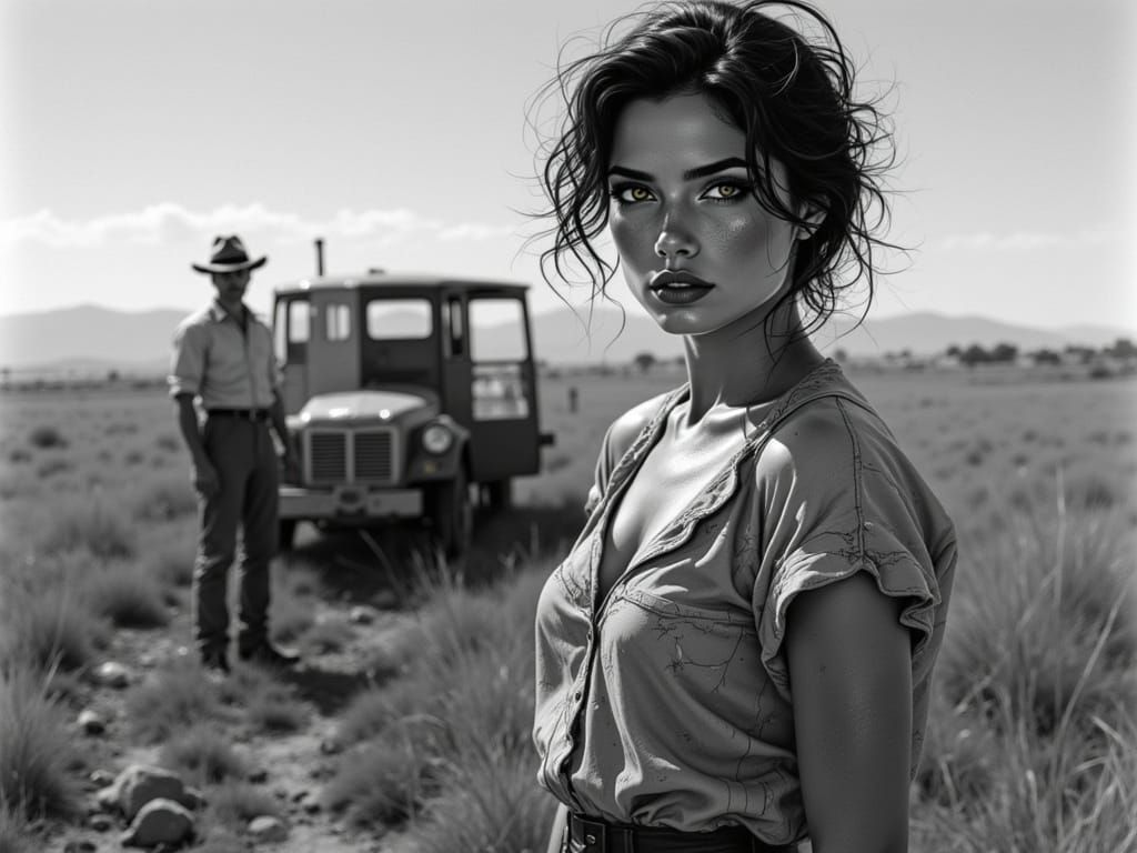 American Gothic Woman Faces Dust Storm with Determined Resol...