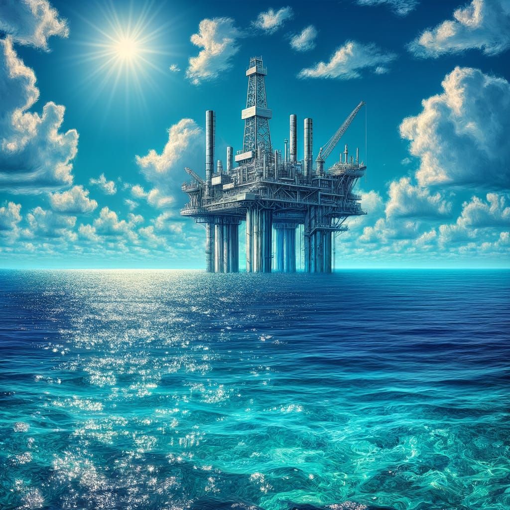 Sparkling Ocean Meets Imposing Oil Rig at Sunset