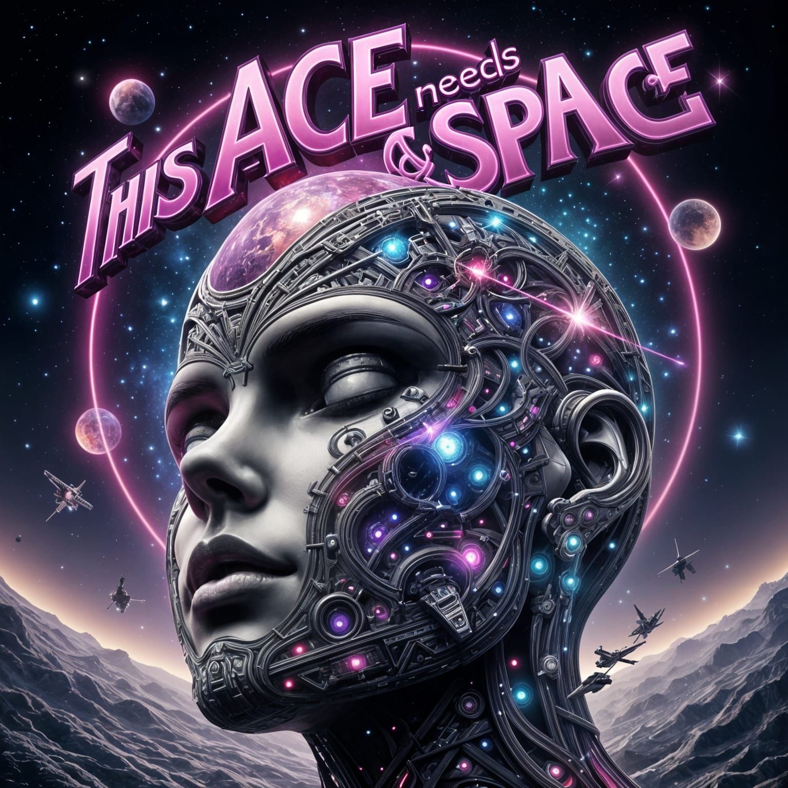 Cyberpunk Head with Space Station and Neon Moon