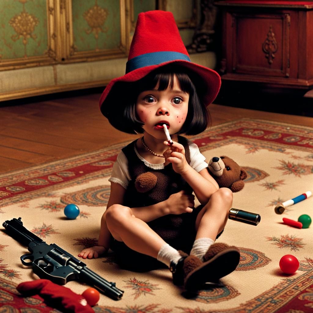 Unsettling Portrait: Child with Revolver and Cigarette