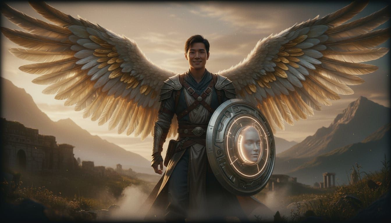 Asian Man with Wings and Futuristic Shield
