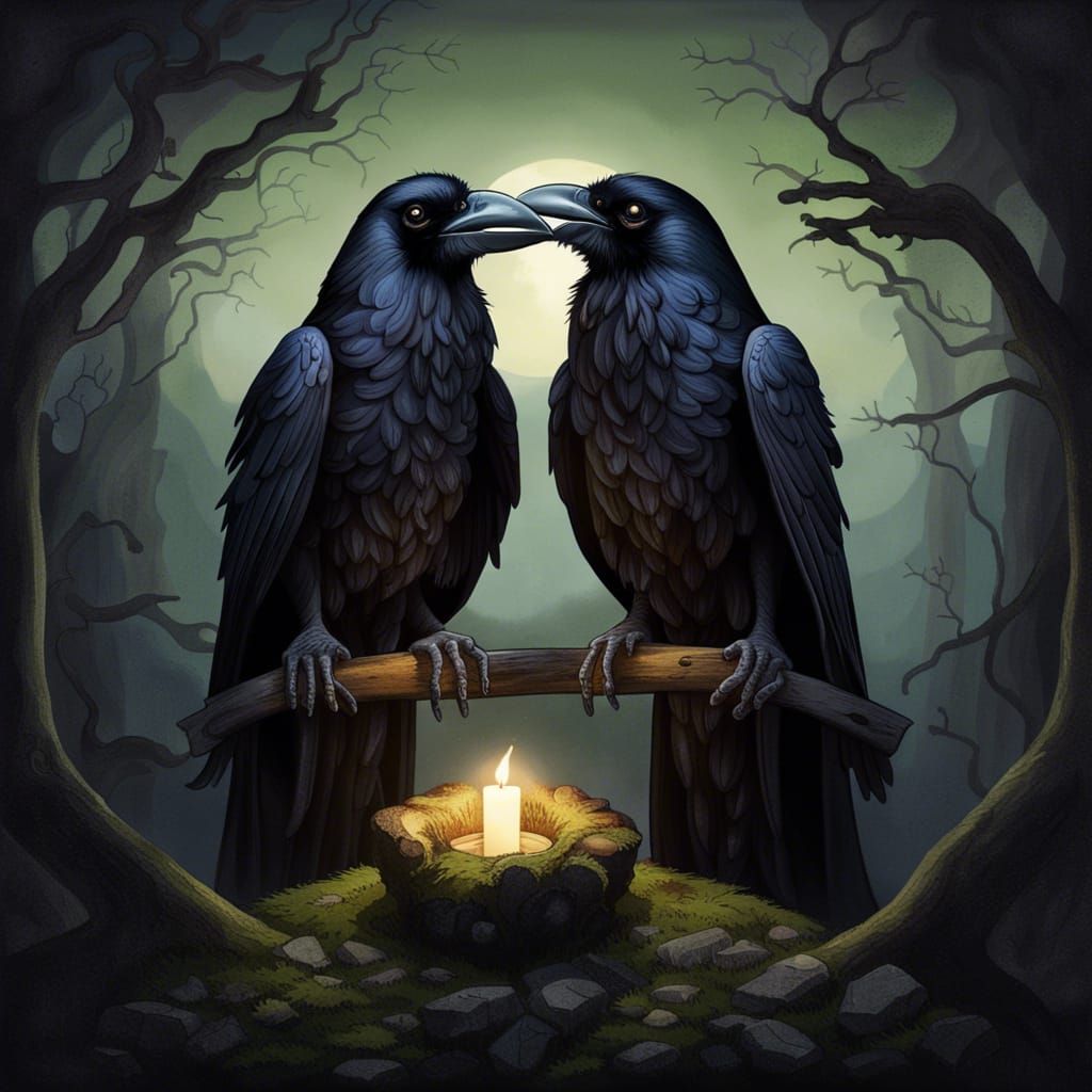 Raven Priests Ceremony in Sacred Forest, Gouache Style