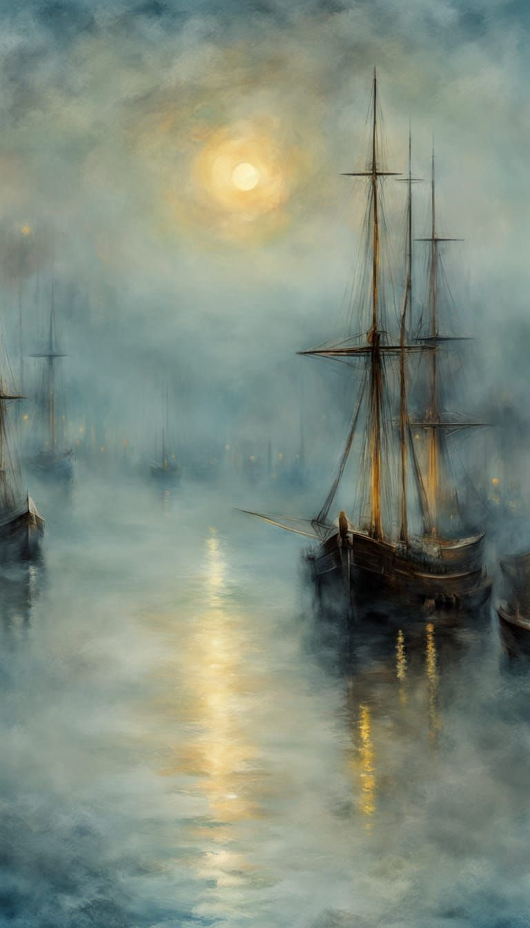 a misty moonlit harbor