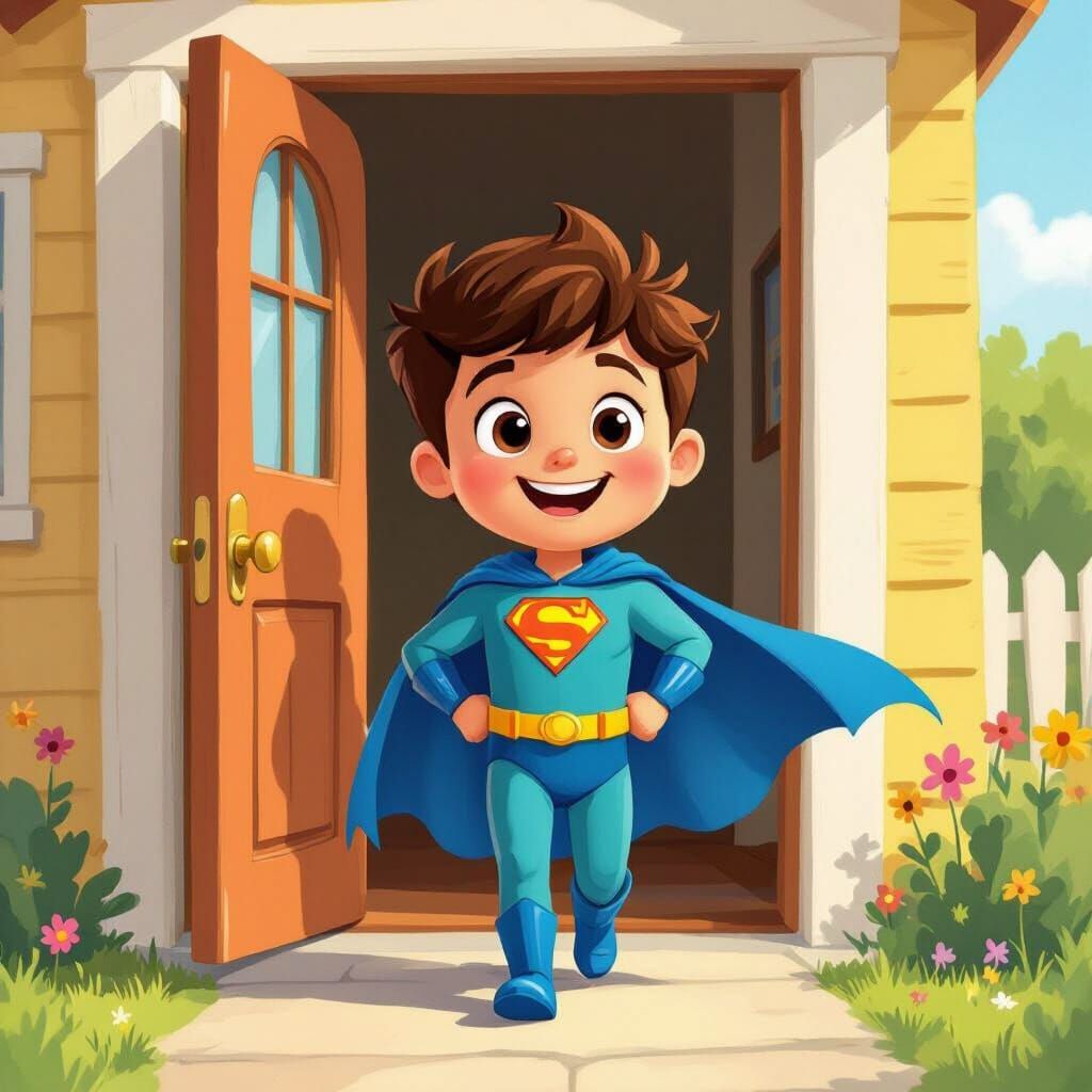Cheerful Cartoon Superhero Boy Karim in Blue Cape