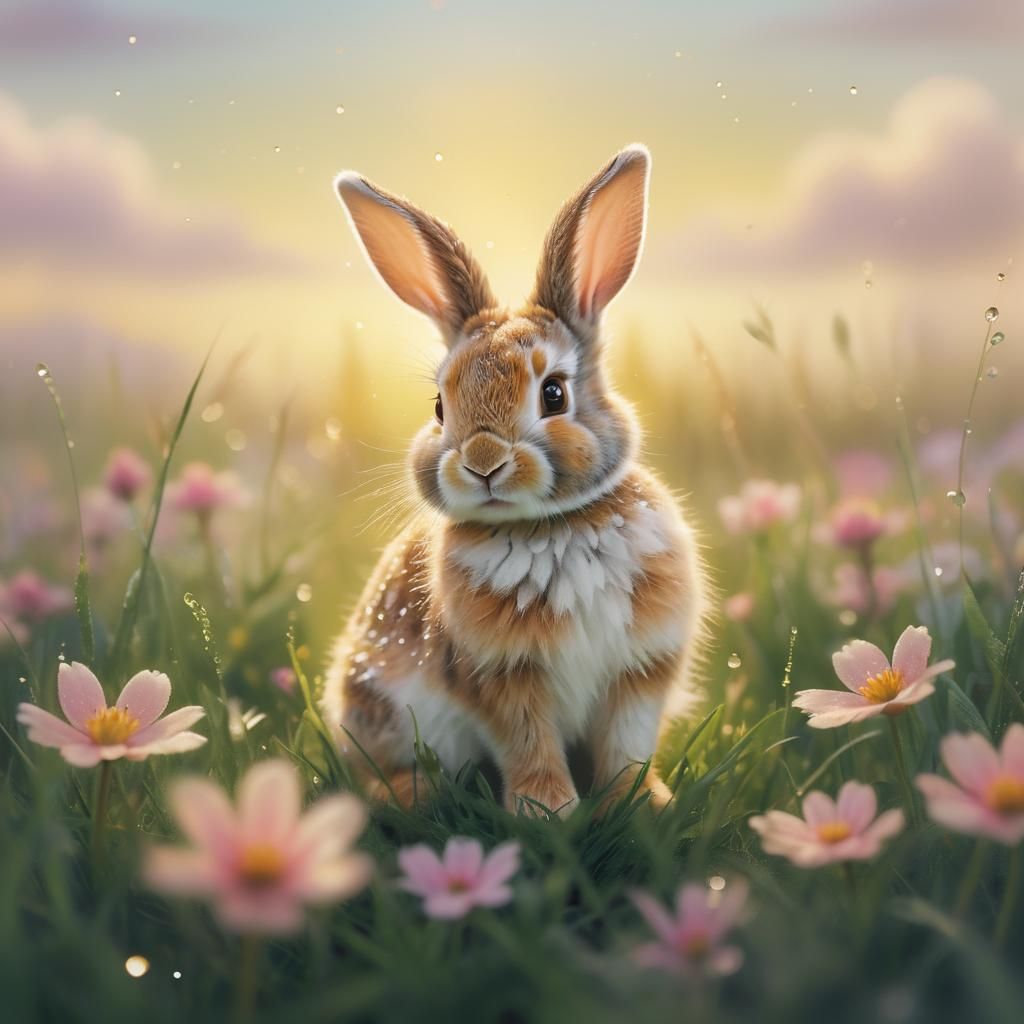 Serene Baby Rabbit in Lush Meadow, Matte Painting