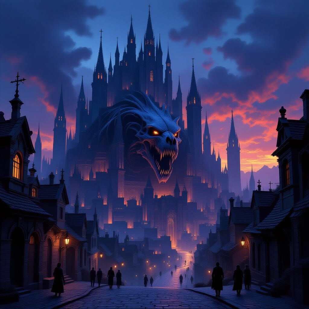 Gothic Metropolis on Petrified Beast in Twilight