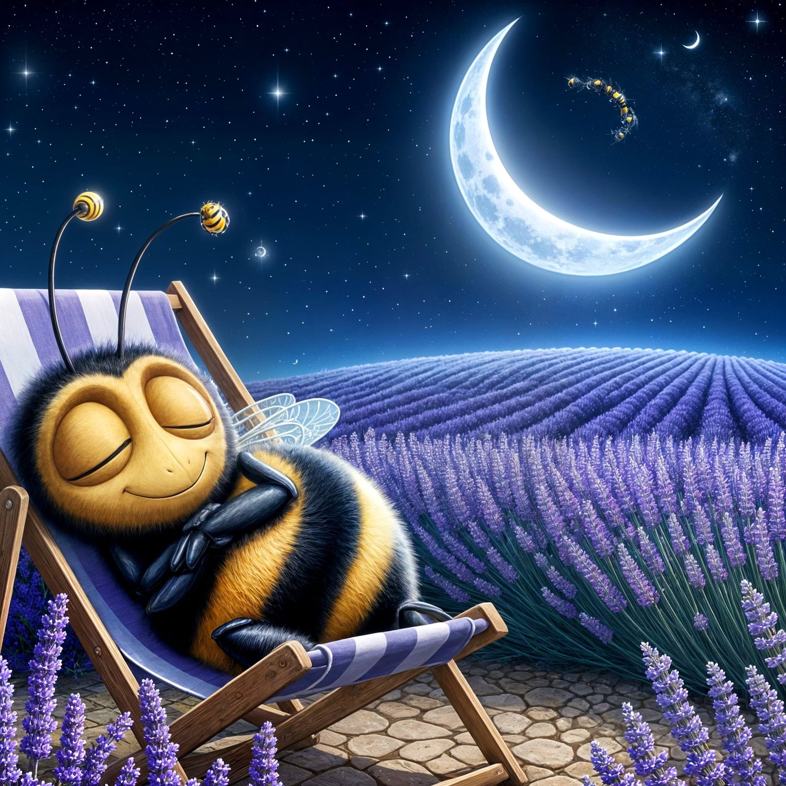 Anthropomorphic Bee in Lavender Field Under Moonlight