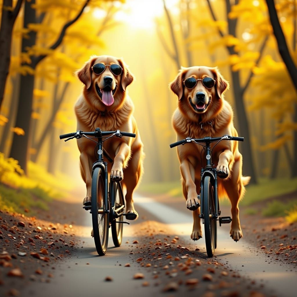 Two Golden Retrievers Cycling on a Sunny Trail