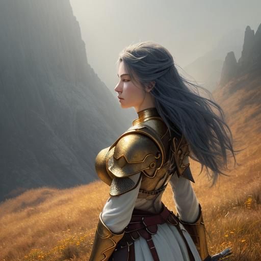 Serene Warrior in Golden Light: Oil Painting Concept Art
