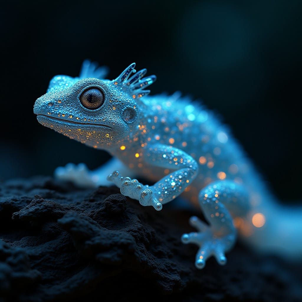 Glowing Obsidian Gecko on Gnarled Tree Stump