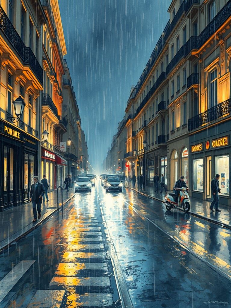 Rainy Parisian Street at Night: Watercolour Illustration