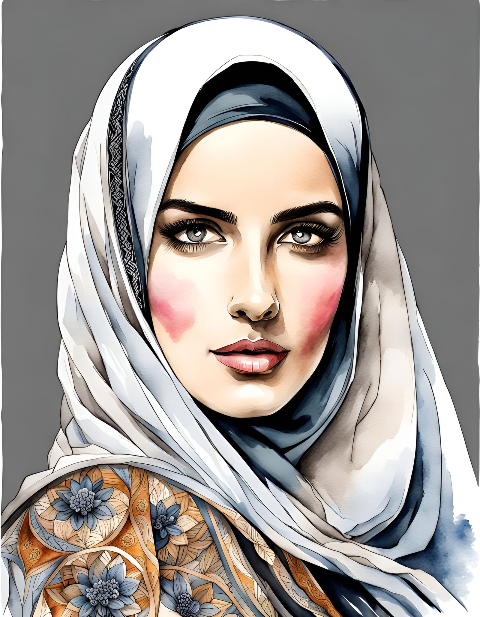 Beautiful Woman in Niqab: Watercolor and Ink Sketch