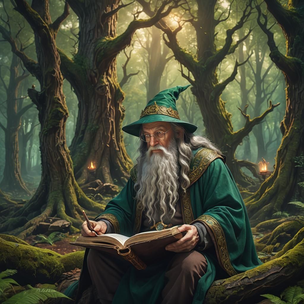 Mystical Wizard Studies Tome in Enchanted Forest